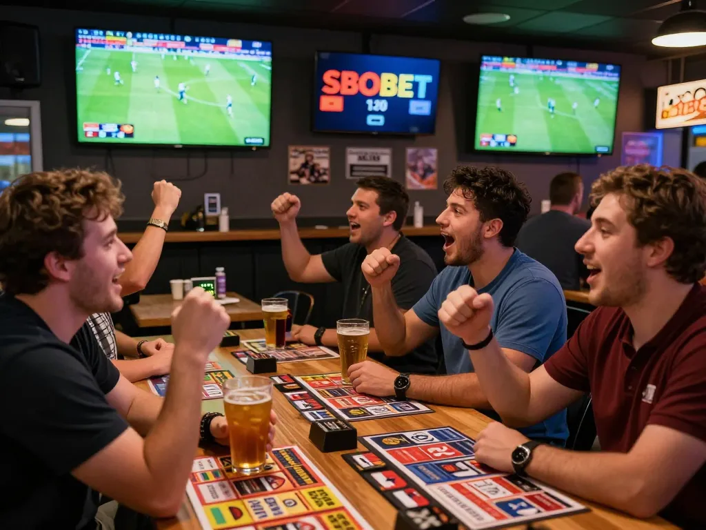 SBOBET live betting excitement in a lively sports bar atmosphere during a football match.