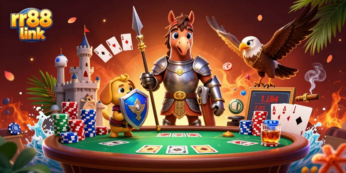 Experience the thrill with rr88 link as a knight and squire enjoy a vibrant casino scene.