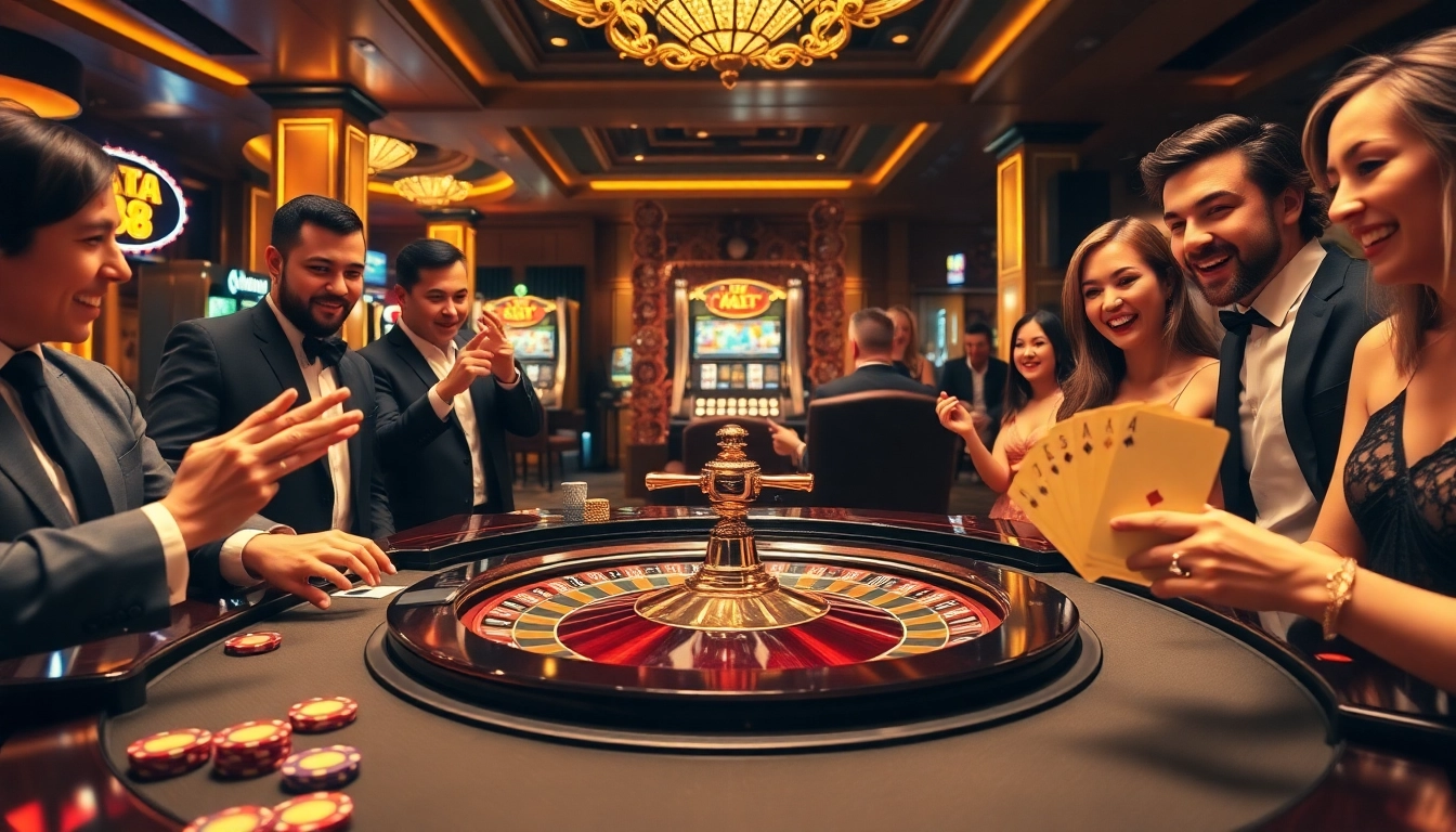 Excited players at the GA 88 roulette table, embracing the thrill of high-stakes gambling.