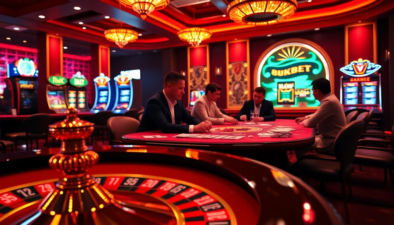 8KBET players engaging at a high-stakes poker table surrounded by luxury casino decor.