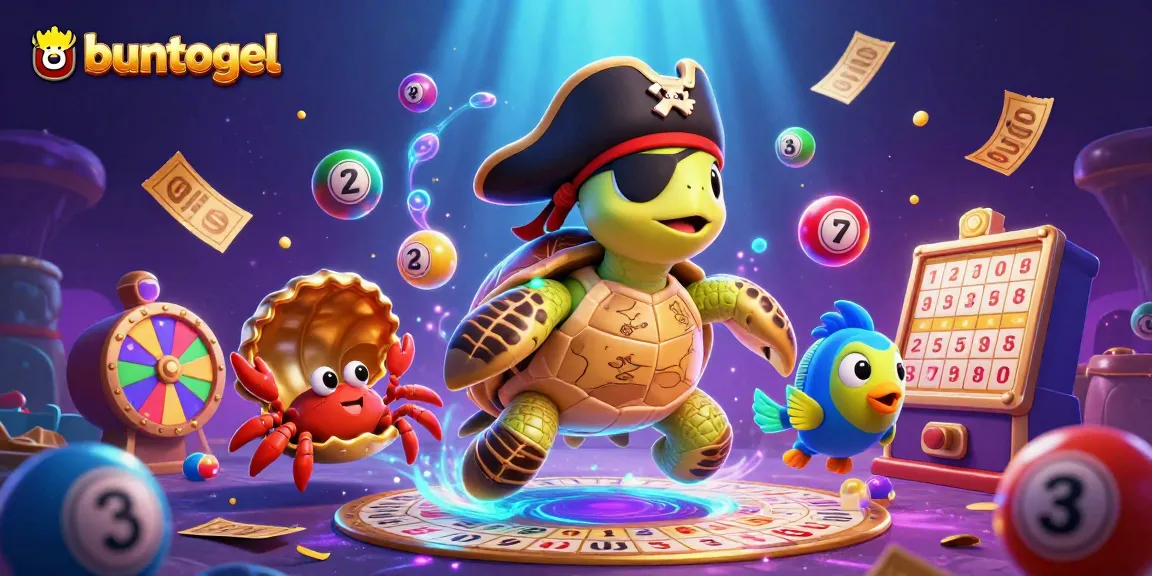 Buntogel showcases a vibrant 3D scene with a pirate turtle, hermit crab, and parrotfish amidst colorful lottery elements.