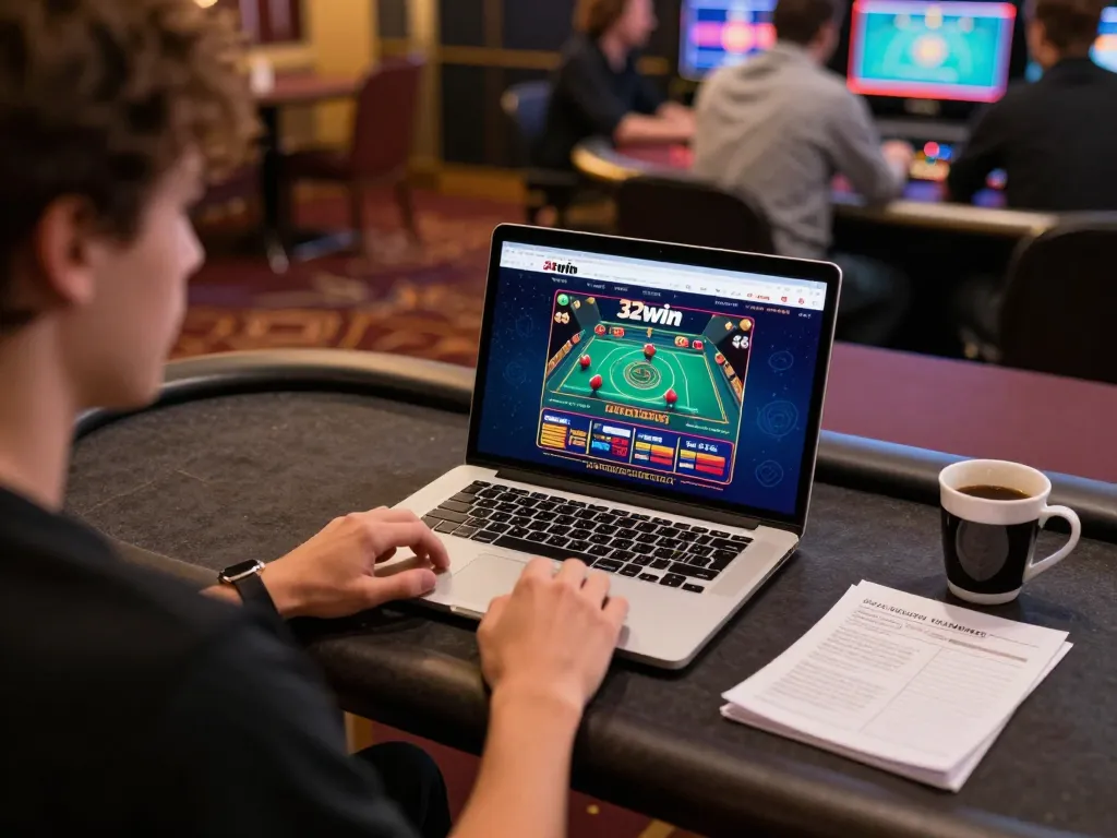 Player engaging with 32win live dealer game on a laptop, showcasing online casino excitement