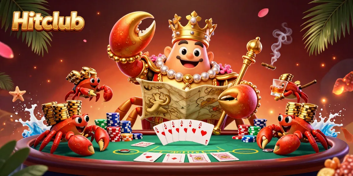 Hitclub showcases an emperor crab holding treasure while surrounded by poker elements and rich casino visuals.