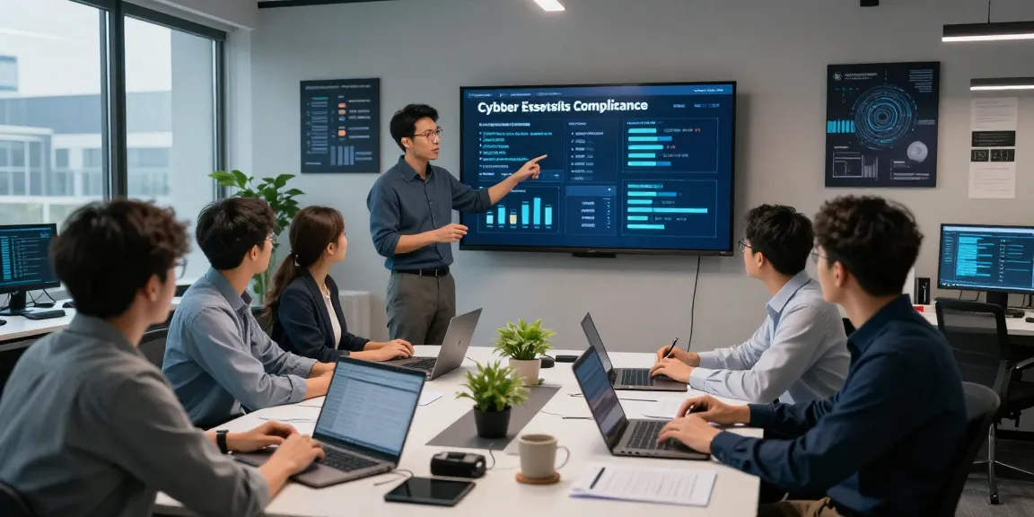 Team discussing cybersecurity strategies and compliance metrics while being cybersmart in a modern office setting.
