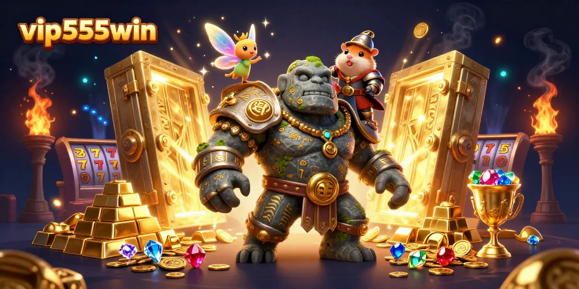 Join the excitement at vip555win with a legendary golem guardian and magical elements in a vibrant casino scene.