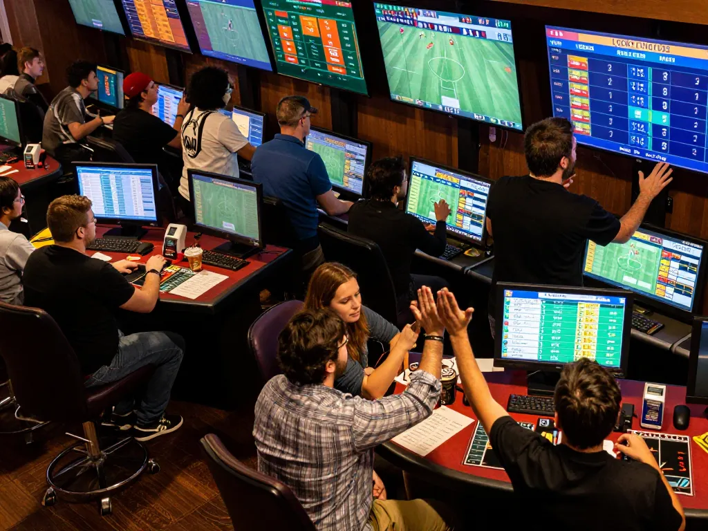 LUCKY88 sportsbook action where bettors celebrate wins while tracking betting odds on screens.