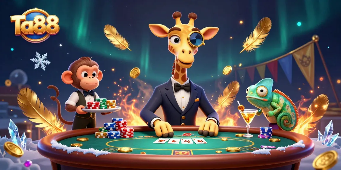 Experience the vibrant glamour of Ta88 with a giraffe at a poker table in an action-packed casino