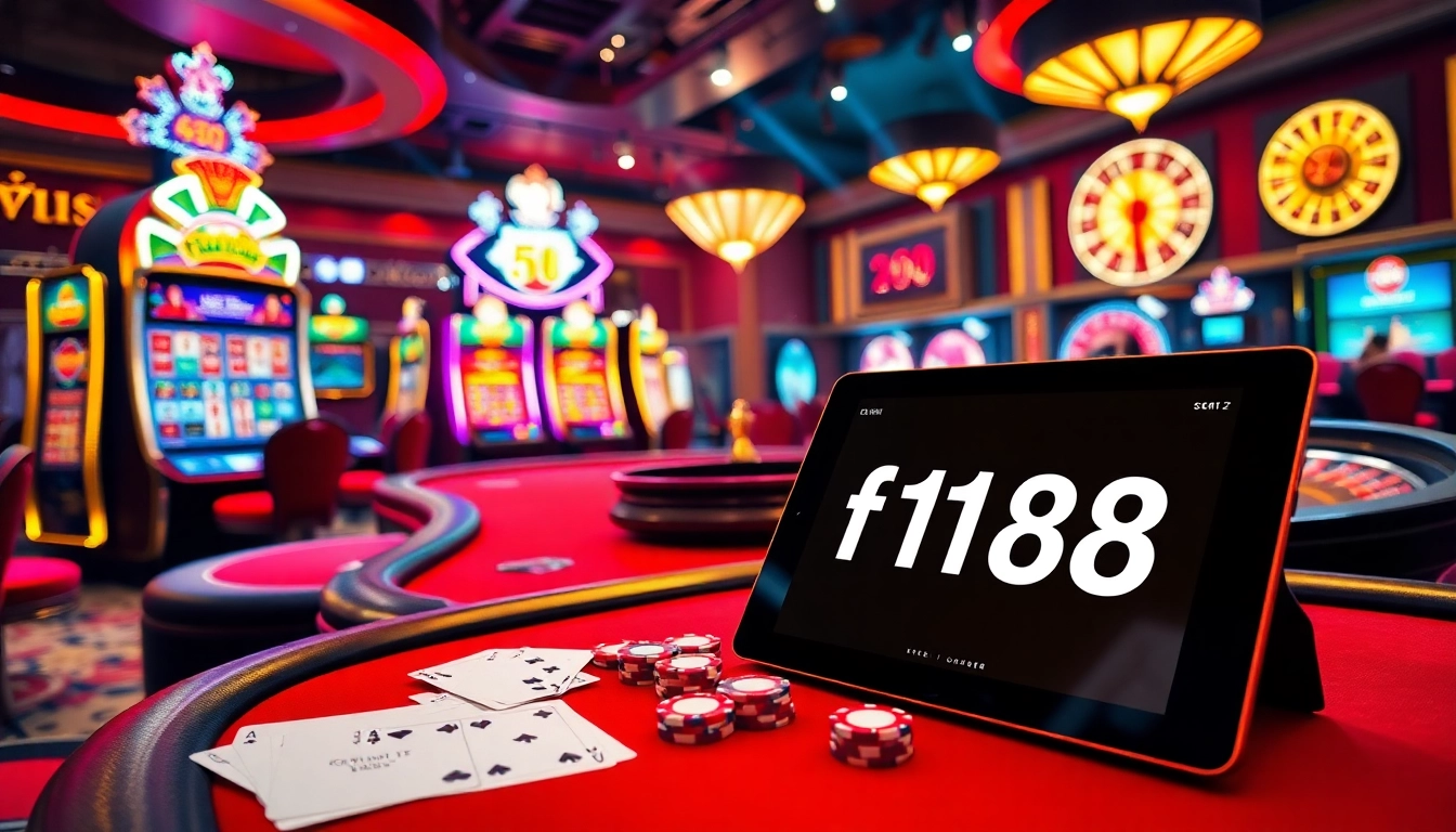 A vibrant casino scene showcasing players engaged in f168 online gambling, featuring luxurious slot machines and poker tables.