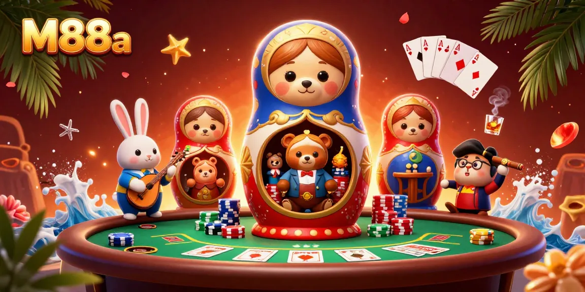 Experience the thrill of M88a at a vibrant casino with a dynamic 3D illustration.