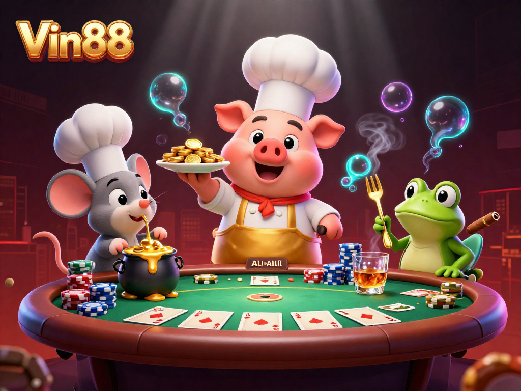 Experience Vin88's vibrant casino scene with a pig chef, mouse, and frog among poker elements.