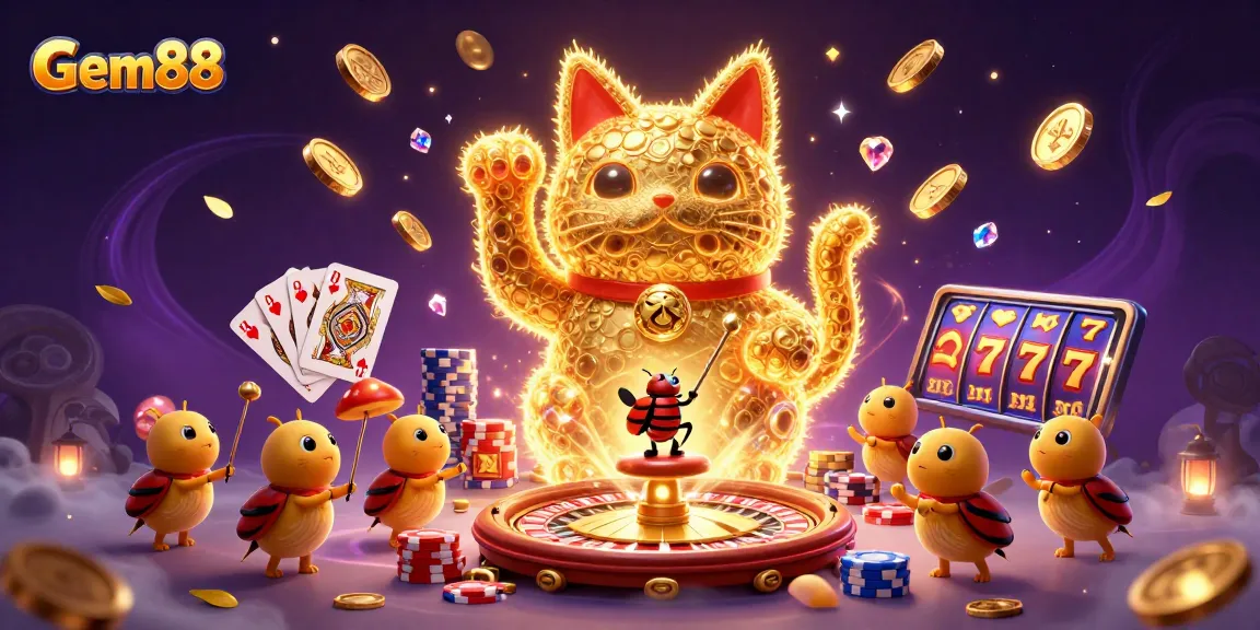 Gem88 captures the excitement of casino betting with a vibrant scene featuring a lucky cat and dynamic game elements.