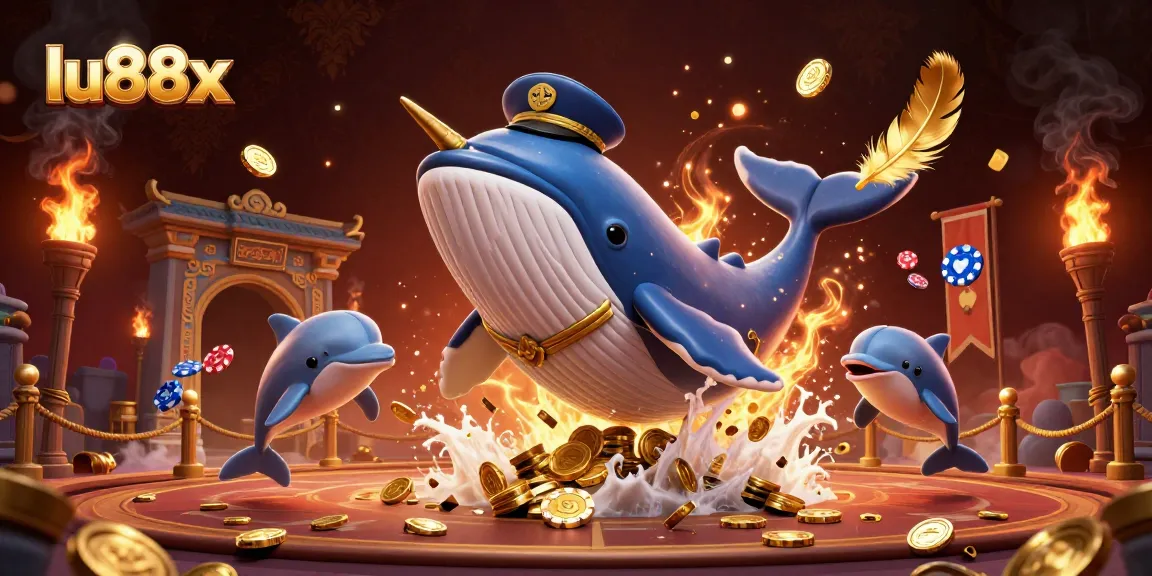 Engage with lu88x in a vibrant casino scene featuring playful dolphins and a golden whale.