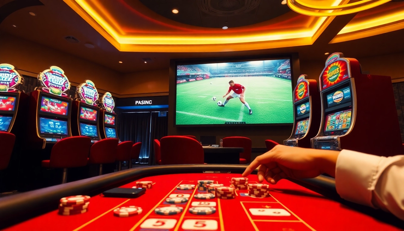 Experience xem bóng đá full hd excitement at a vibrant casino with poker chips and live sports streaming.