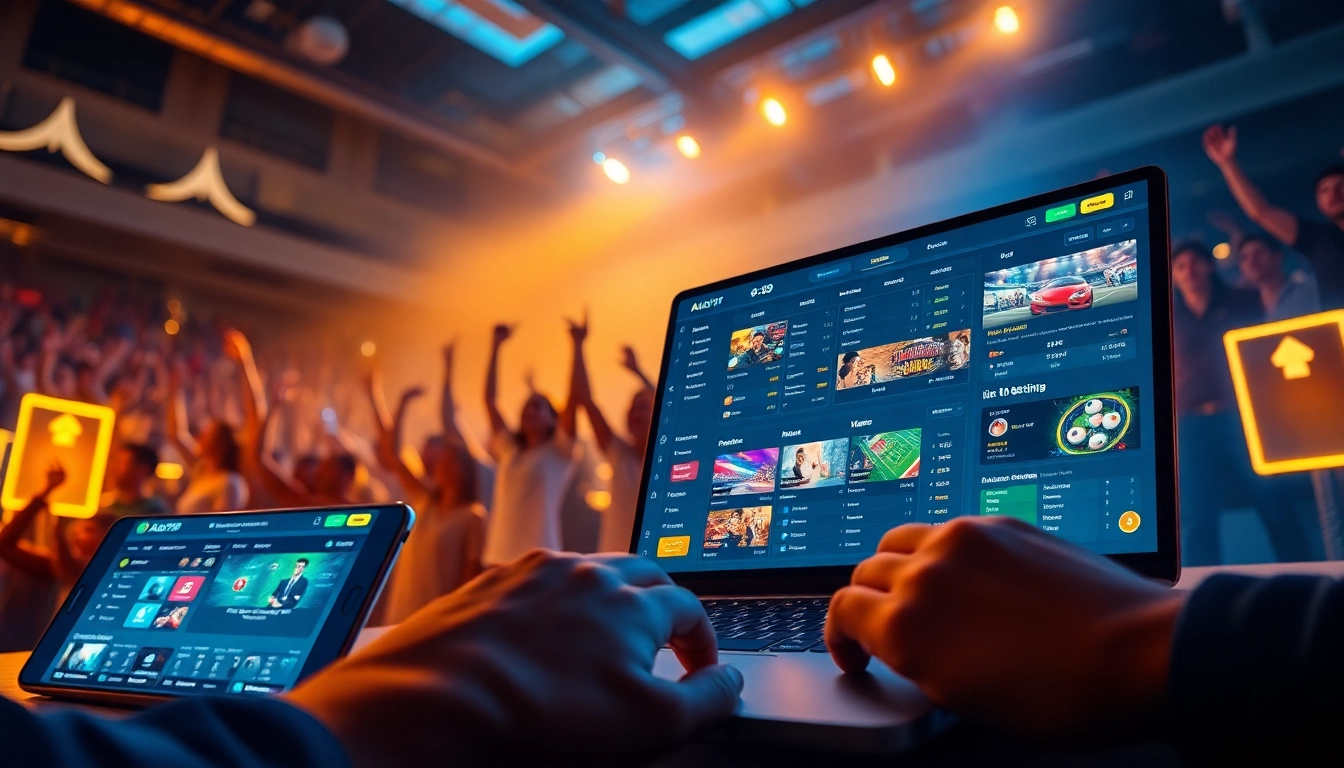 Dynamic online betting scene featuring ALo789 brand, showcasing casino and sports betting interfaces.