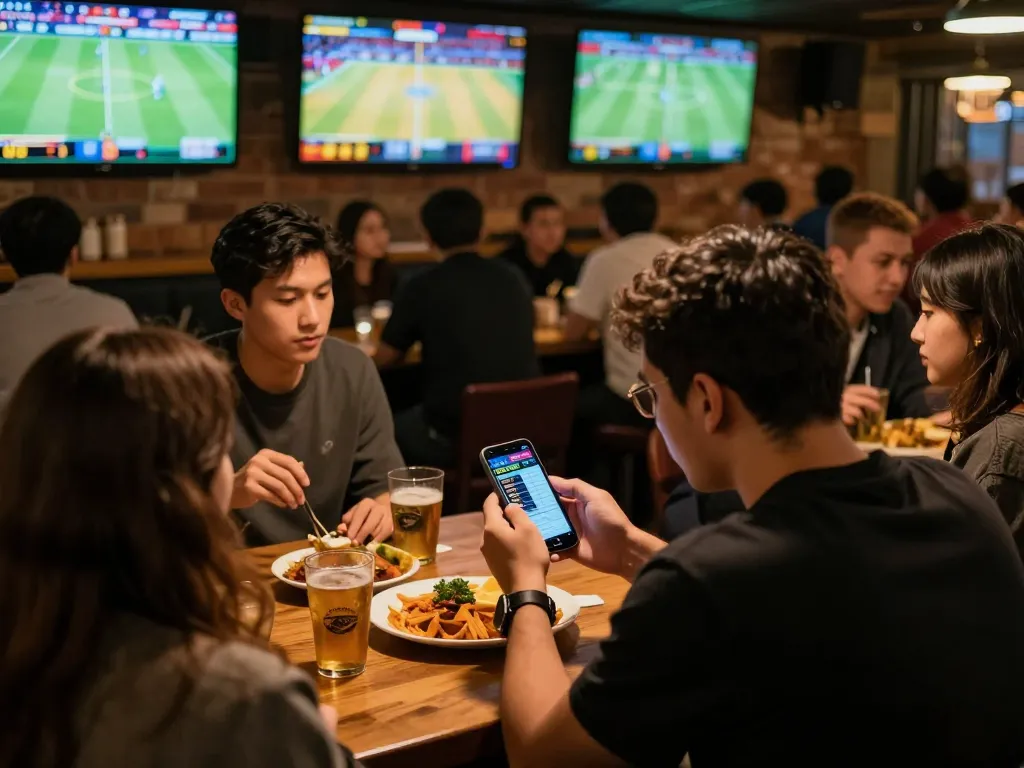 KP88 sports betting excitement as a bettor analyzes odds on a smartphone in a lively sports bar.