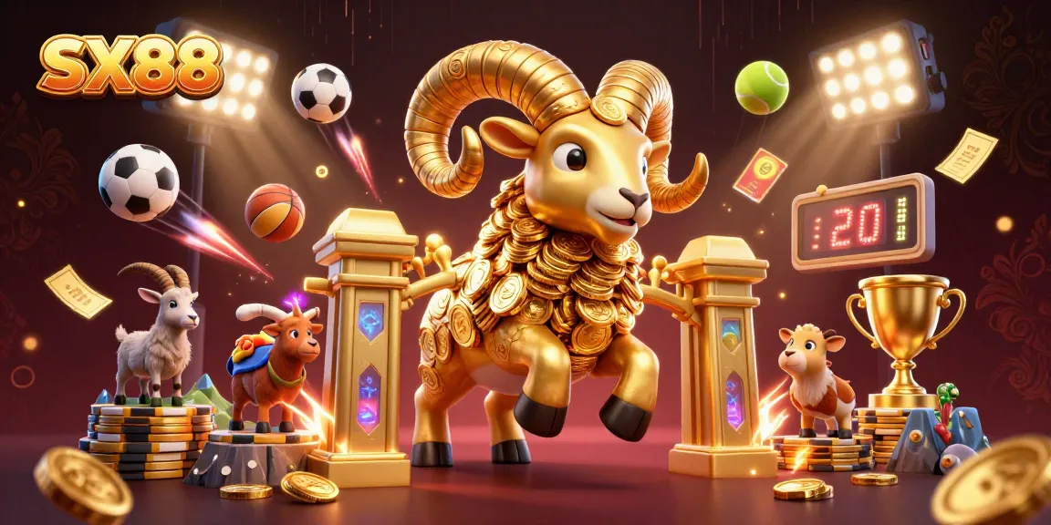 SX88 showcases a vibrant casino-themed scene with a golden ram and dynamic sports elements.