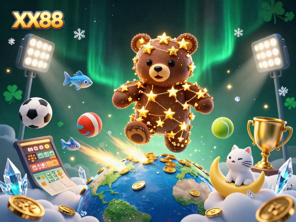 Engage with the enchanting world of XX88 casino, featuring golden stars and sports elements in a vivid 3D scene.