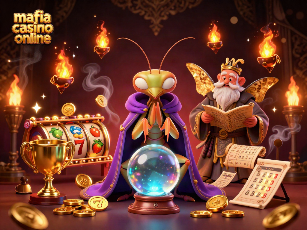 Mafia casino online scene with slot reels, a fortune teller, and shimmering golden elements filling the frame.