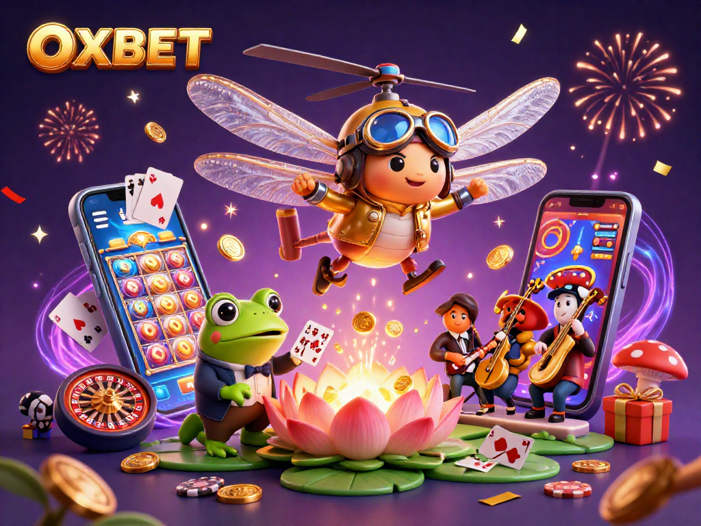 Experience the excitement of OXBET gaming with a lively casino scene featuring unique characters and vibrant effects.