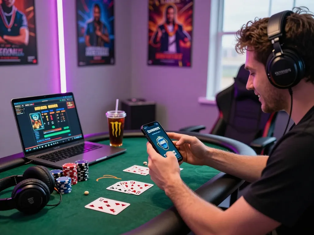 Engaging gaming scene with player excited to tải sun win app on smartphone amidst chips and cards.