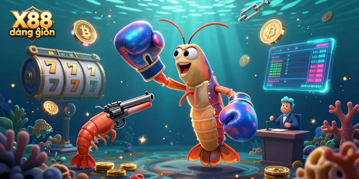 X88 đăng nhập showcases a vibrant underwater casino scene with a boxing mantis shrimp, crypto coins, and exciting slot game elements.