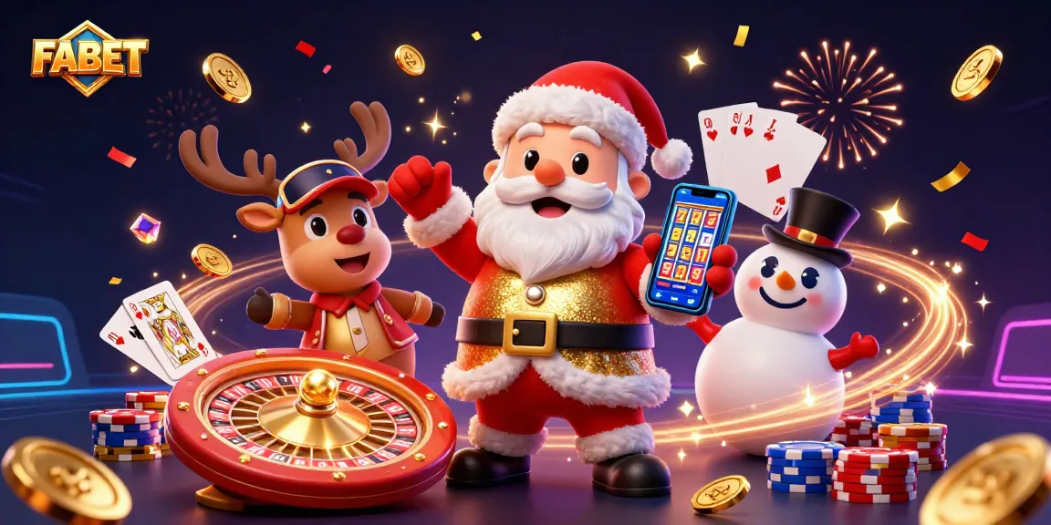 Join FABET in this vibrant casino scene featuring Santa, a reindeer dealer, and a poker chip snowman.