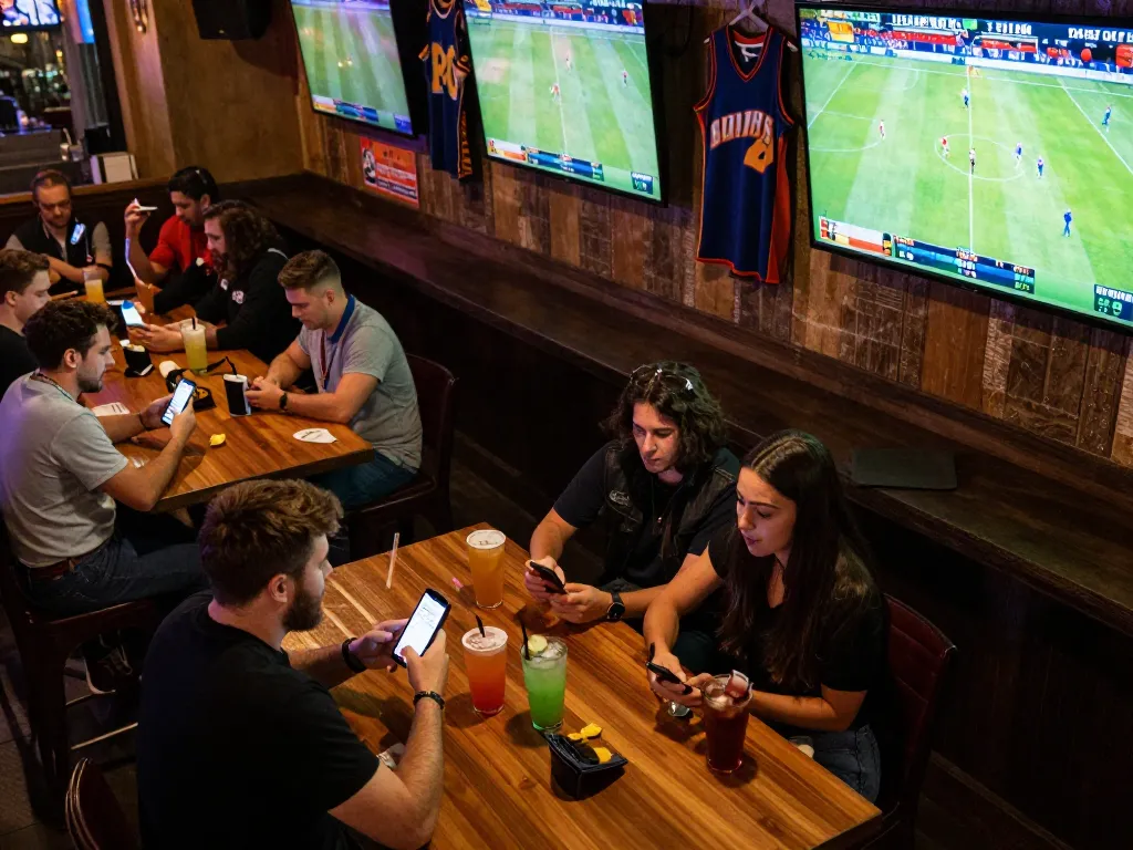 Experience the thrill of LODE88 sports betting amidst lively patrons at a vibrant sports bar.