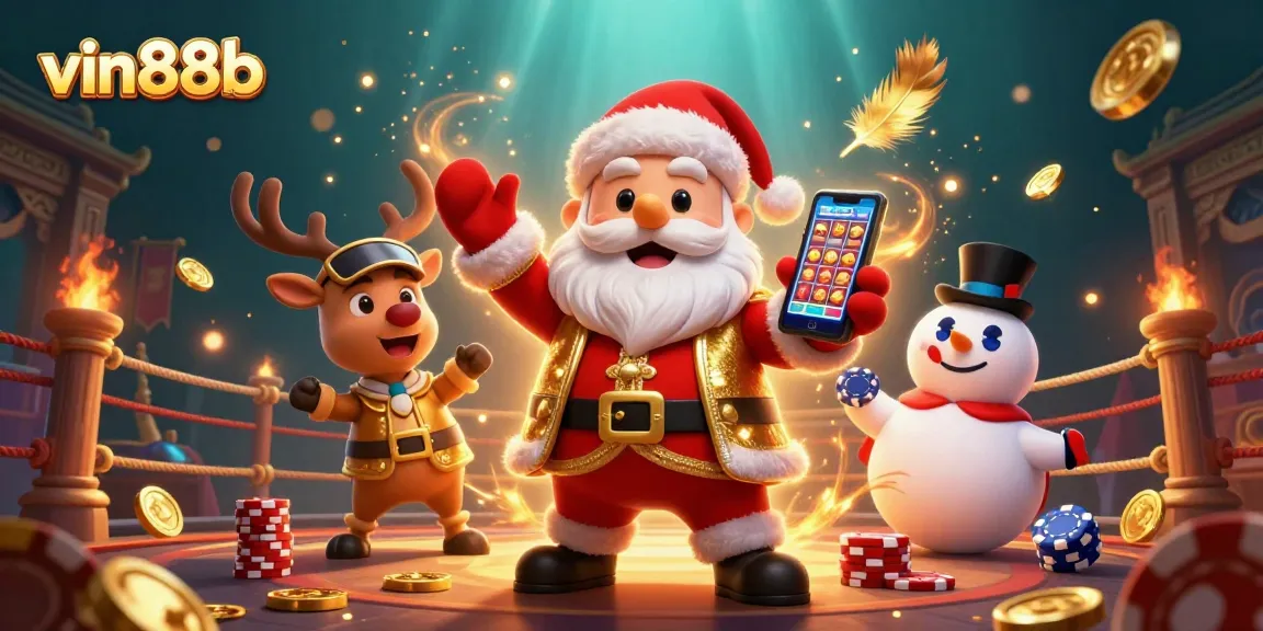 vin88b celebrates wins with festive gaming characters in a vibrant casino backdrop.