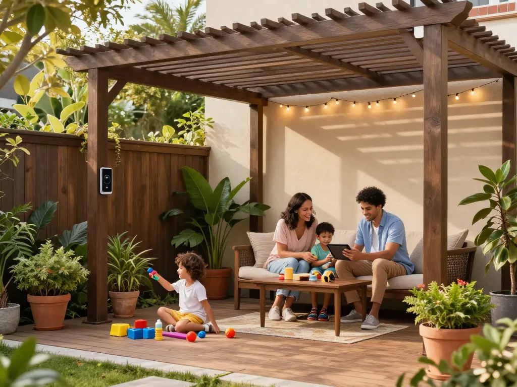 Configuratore pergole con preventivi automatici in un'accogliente impostazione all'aperto con una famiglia che gode di una pergola appena installata.