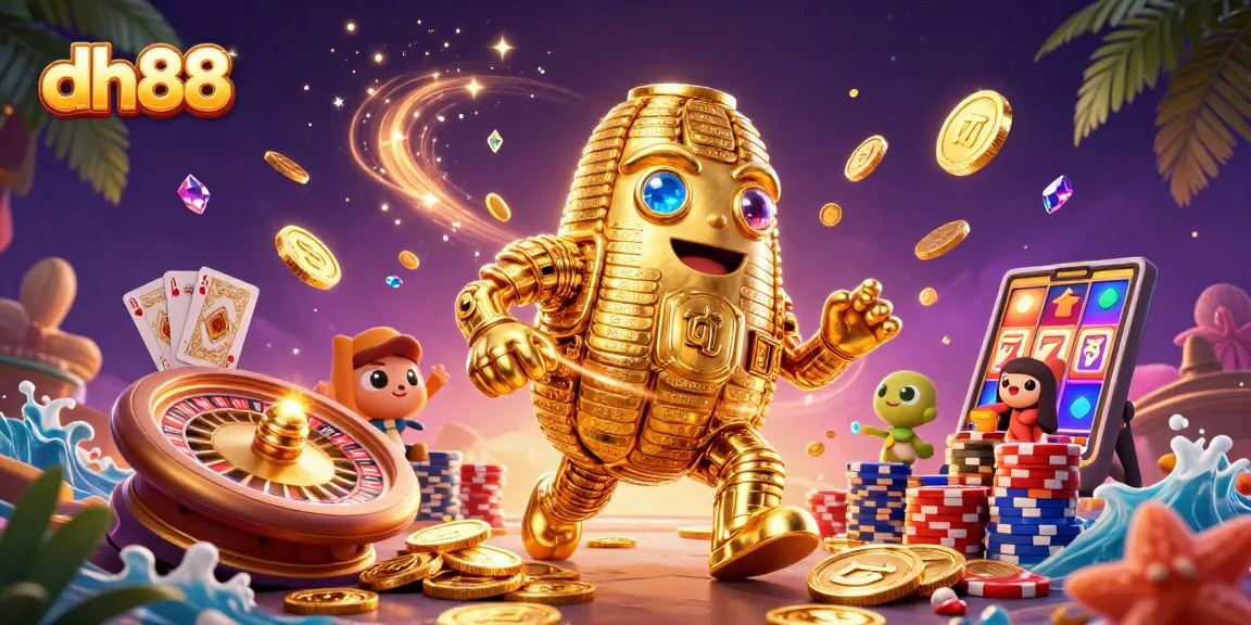 Experience big wins at dh88 with a golden golem amidst cascading coins and dynamic casino elements.