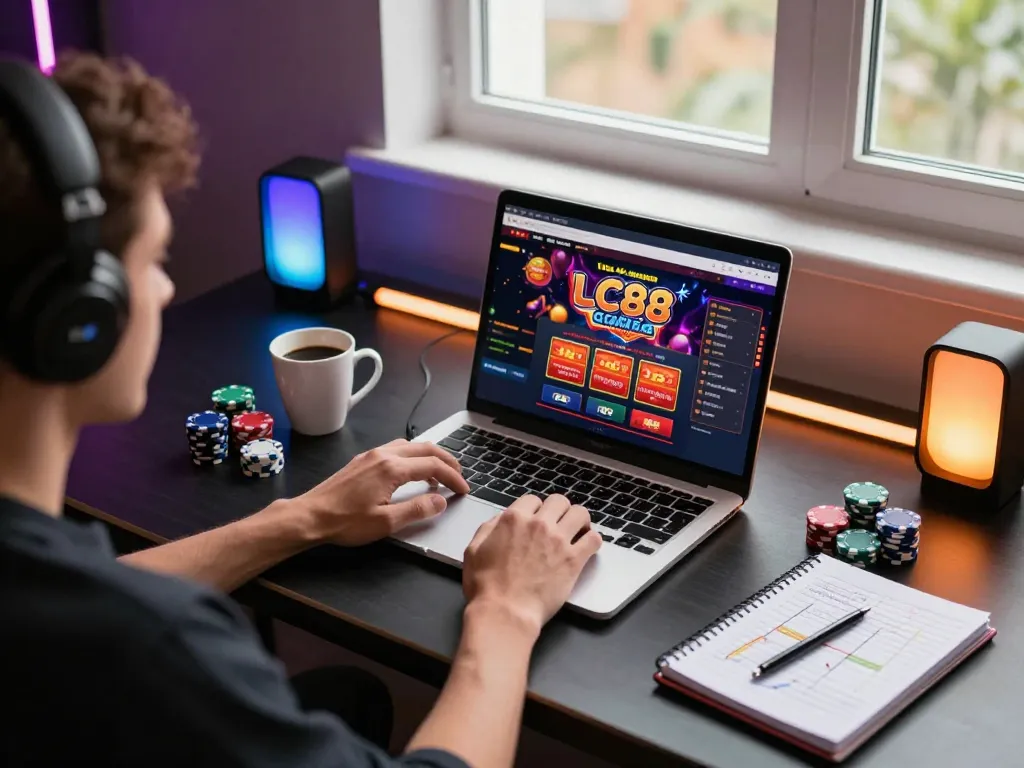 Engaging online gaming scene at LC88, showcasing a laptop and poker chips for casino strategy.