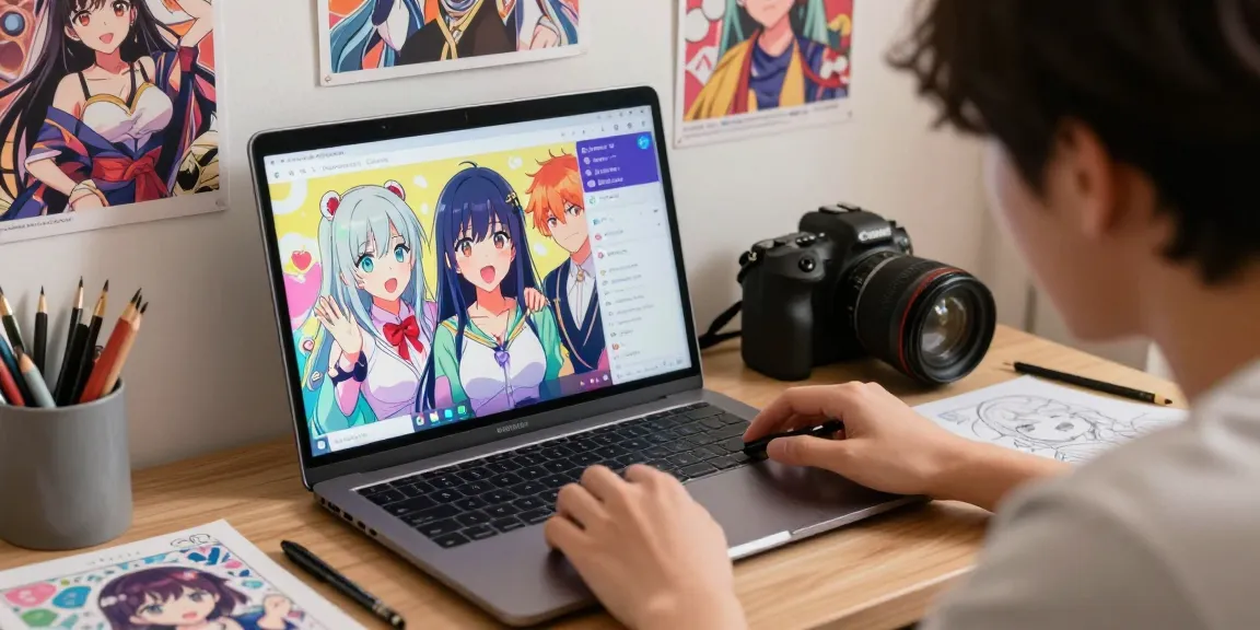 Engaging user interacting with AI hentai chat on laptop, colorful Hentai characters.