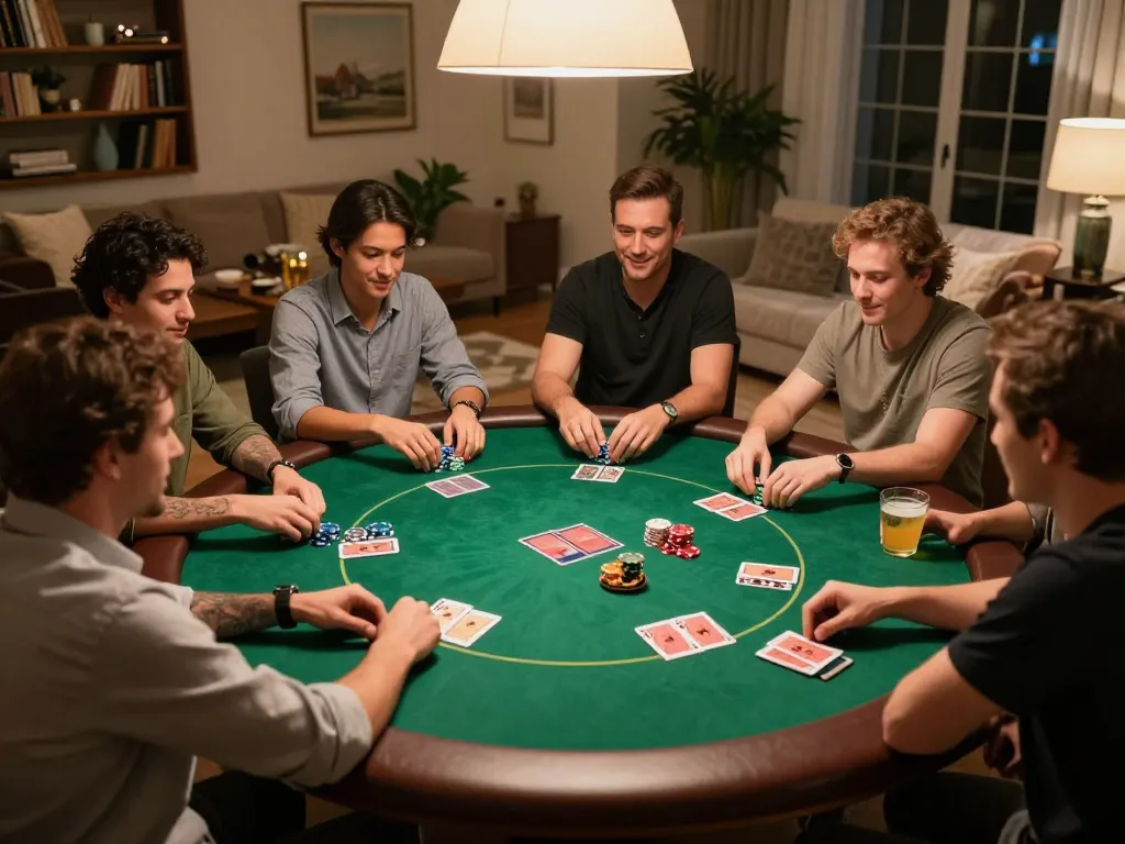 Friends enjoying an exciting poker night at home, using c168 com for game strategies and bankroll management.