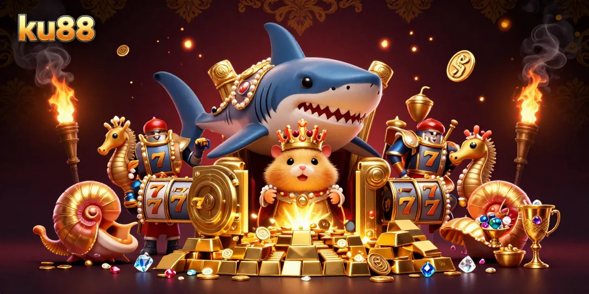 Experience thrilling action with ku88 casino in a vibrant scene with treasures and royal characters.