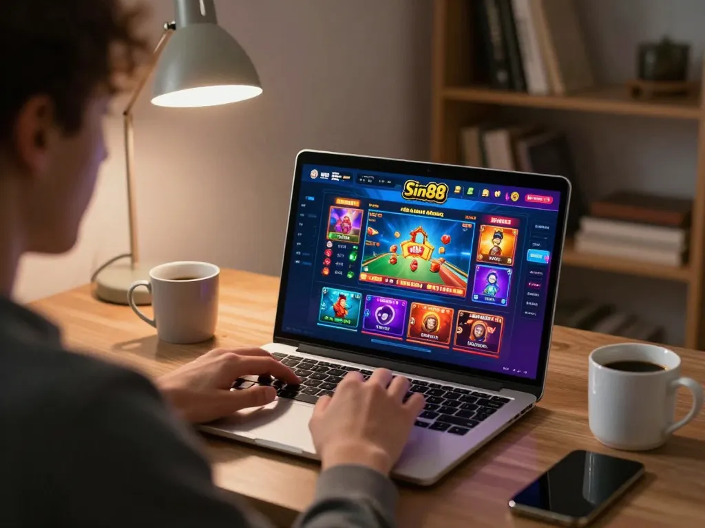 Player engaging in online gaming through sin88 platform with vibrant interface and cozy setup