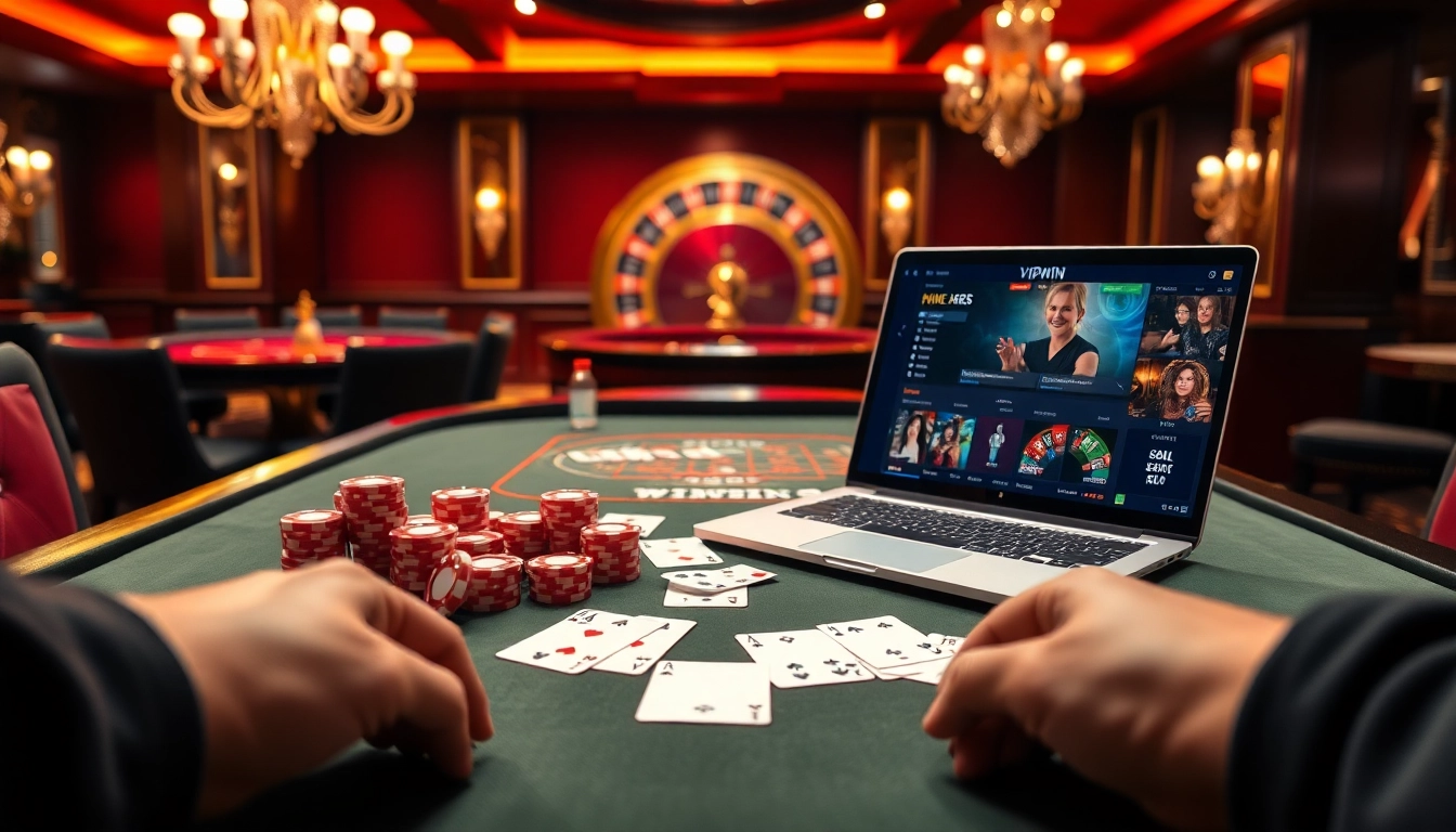 Winning at vipwin with elegant poker chips on a vibrant table surrounded by exciting casino elements.