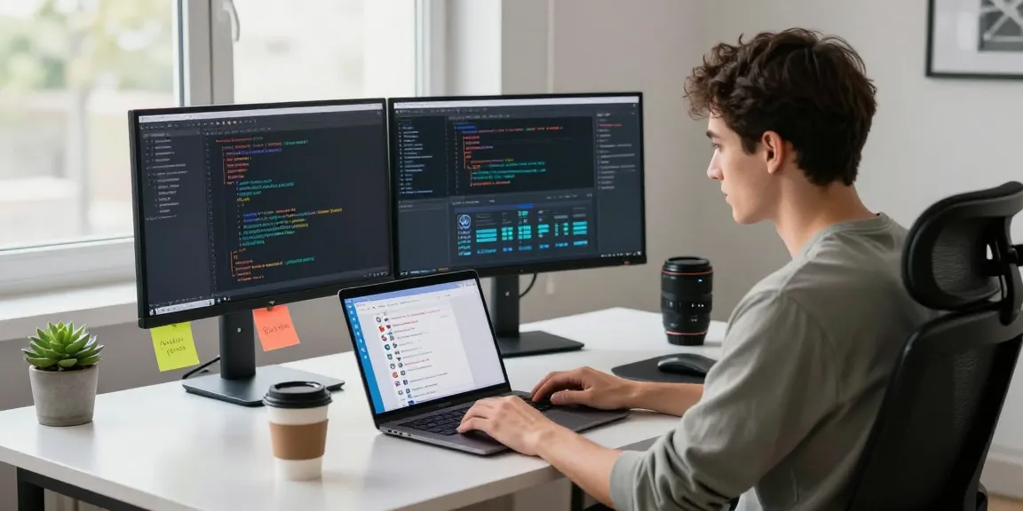 Developer using Telegram Web Version on a sleek setup with dual monitors.