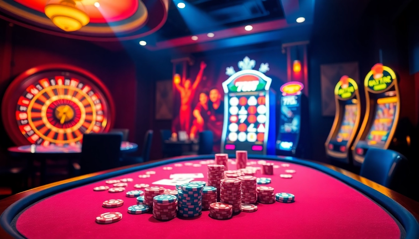 Engaged players winning at a vibrant 789f casino table with colorful chips and cards.