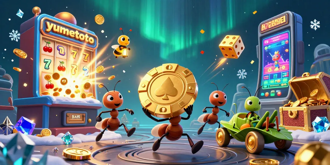 Engage with yumetoto's thrilling gambling universe featuring playful ants on a heist in vibrant casino environment.
