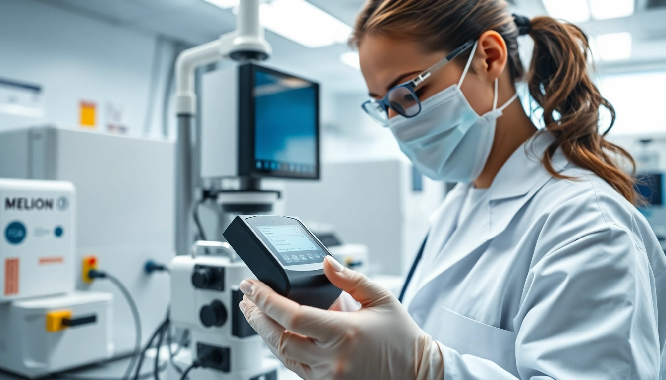 Certificazione FDA dispositivi medici, un tecnico analizza un dispositivo in un laboratorio professionale.