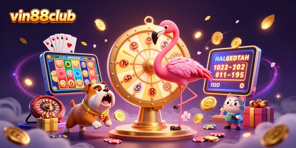 Spin to win with vin88club's vibrant 3D casino illustration showcasing exciting games and prizes.