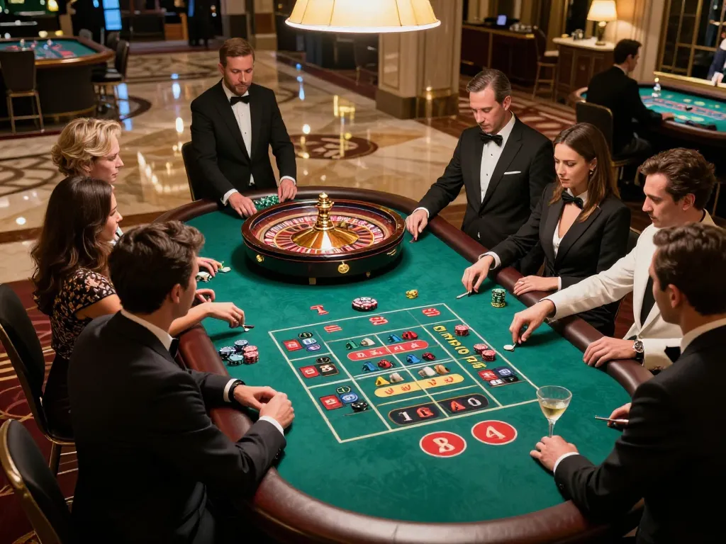 Players enjoying an engaging roulette experience at 79king-vn casino with lively atmosphere and luxurious setup