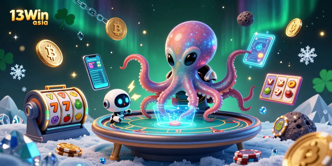 Engage in thrilling games at 13Win Asia with a vibrant 3D casino scene featuring an alien octopus and crypto elements.