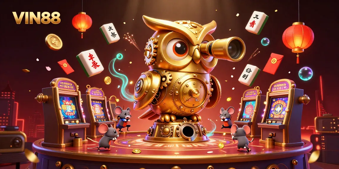 Experience thrilling gameplay at VIN88 as the golden owl tracks winning slots in a vibrant 3D casino.