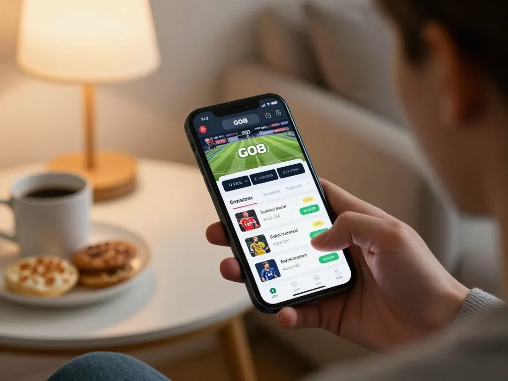 Engaging in sports betting with the GO8 app, showcasing excitement and strategy in a cozy home environment