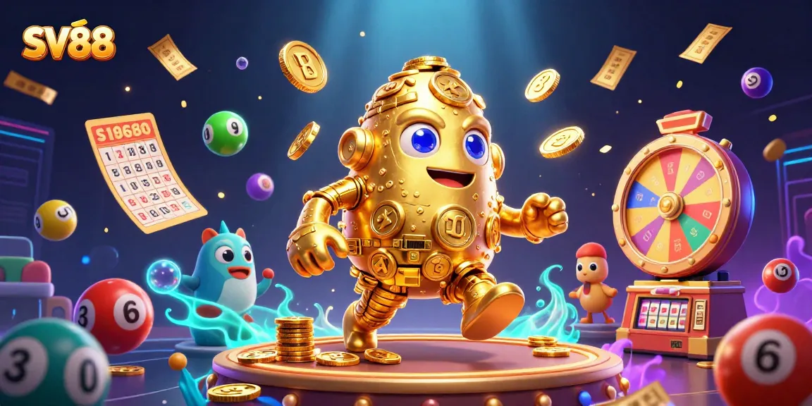 Engage with SV88's vibrant gaming realm featuring golden golem, lottery balls, and dynamic casino elements.