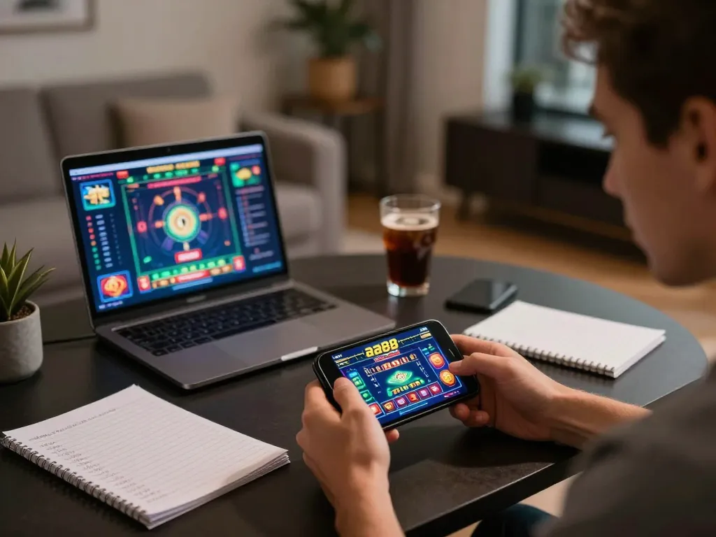 Player enjoying online gaming with aa88 on smartphone in a stylish home setup