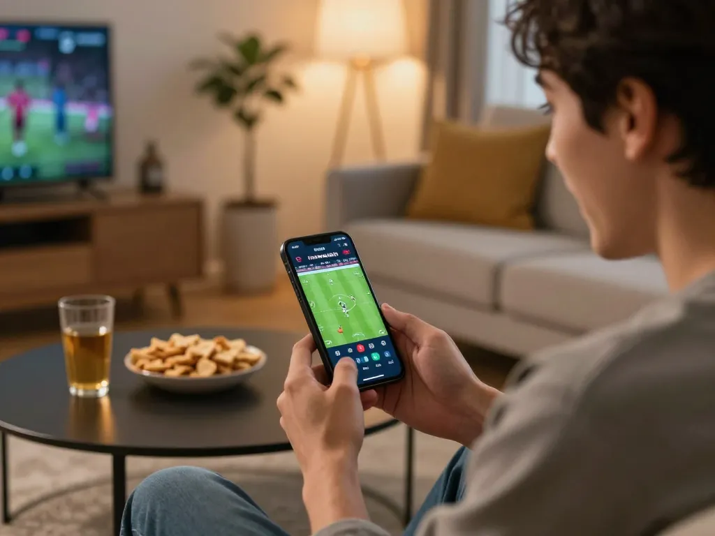 88xx sports betting excitement during an important match, user placing bets on mobile app at home