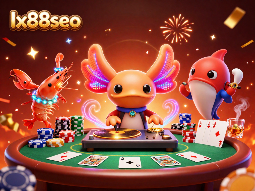 Spin big wins with lx88seo at a lively 3D casino scene featuring vibrant characters and poker action.