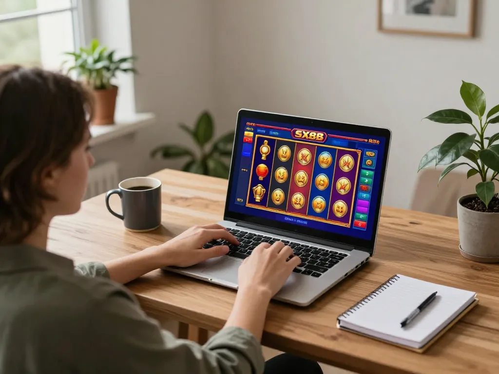 SX88 player enjoying online slot games on a laptop, showcasing vibrant gameplay and cozy home atmosphere.
